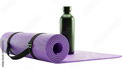 Rolled Purple Yoga Mat and Black Water Bottle