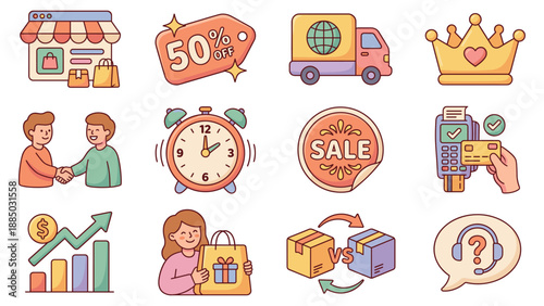 storefront, discount tag, delivery truck, sale banner, shopping bags on grid