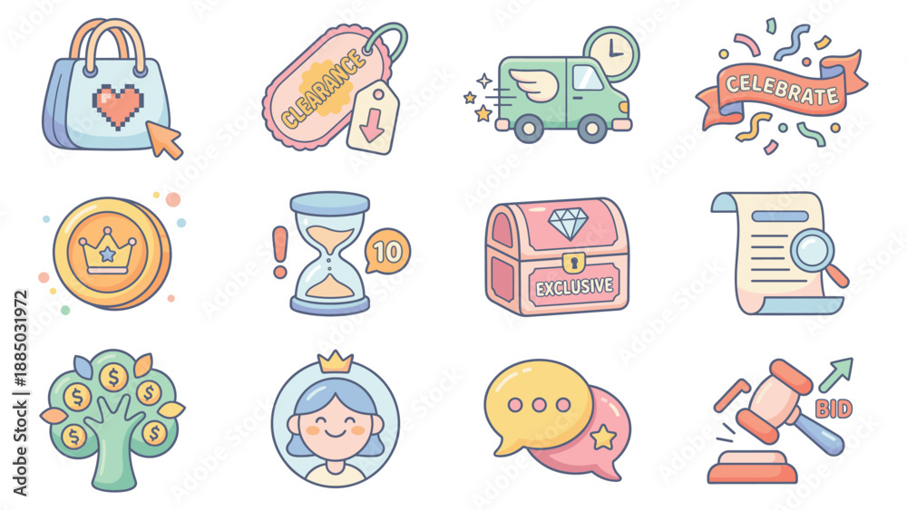 Fototapeta premium Cartoon marketplace icons set featuring purse, truck, coin, safe, speech bubble, gavel, certificate, flowers, hourglass, face, tag, barcode