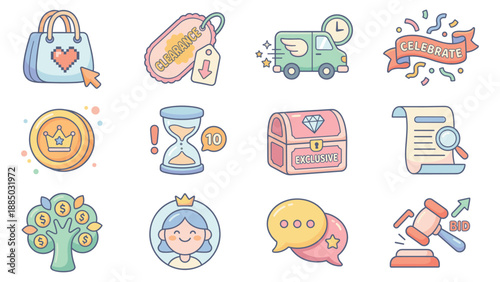 Cartoon marketplace icons set featuring purse, truck, coin, safe, speech bubble, gavel, certificate, flowers, hourglass, face, tag, barcode