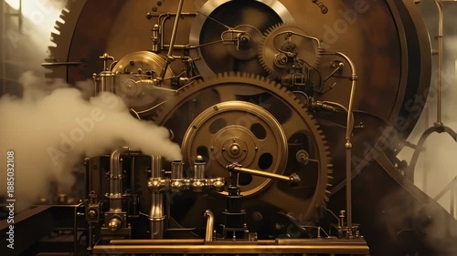 A steampunk machine with gears, pipes, and emitting steam