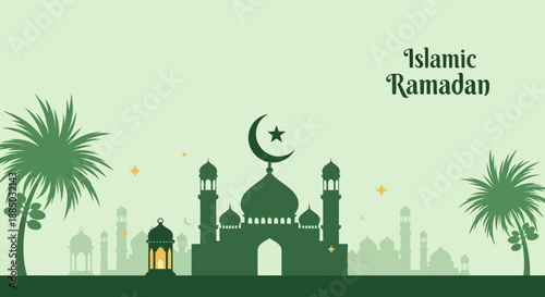 A serene Islamic Ramadan illustration featuring a mosque with a crescent moon and star, palm trees, and a distant cityscape under a pale green sky.
