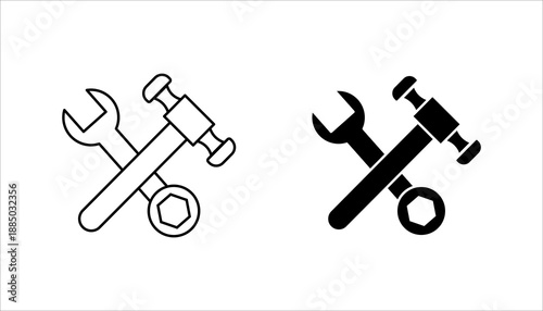 Solid black icon set. of wrench, hammer, and nut, symbolizing repair, maintenance, construction, service, and technical support.