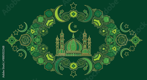 An intricate Islamic mosque design with crescent moons and stars in shades of green, set against a dark green background.