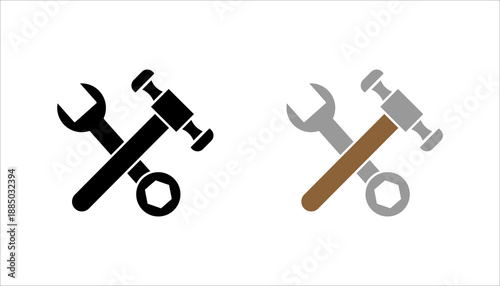 Solid black icon set. of wrench, hammer, and nut, symbolizing repair, maintenance, construction, service, and technical support.