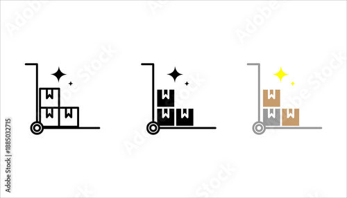 Outline icon set. of a trolley carrying stacked boxes, representing warehouse, logistics, delivery, storage, and inventory management.