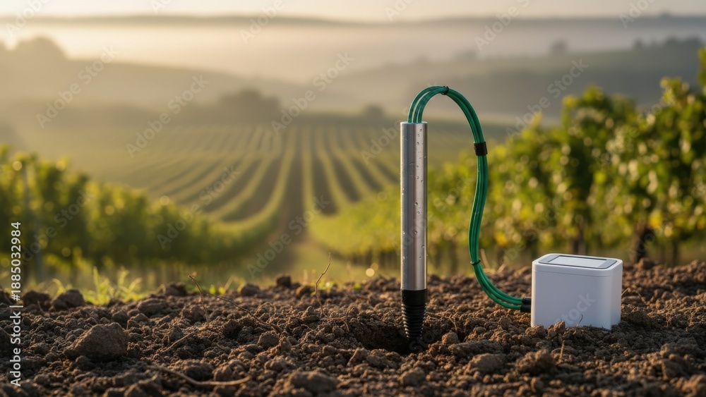Fototapeta premium Soil Moisture Sensor in Vineyard for Precision Agriculture, Promoting Sustainable Farming Practices and Advanced Irrigation