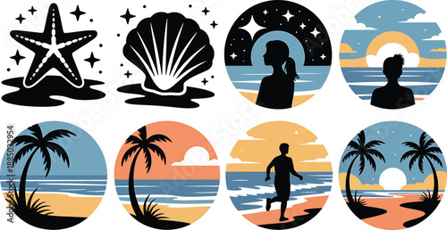 Summer beach round icon set with palm trees sunset silhouettes and ocean landscape vector art