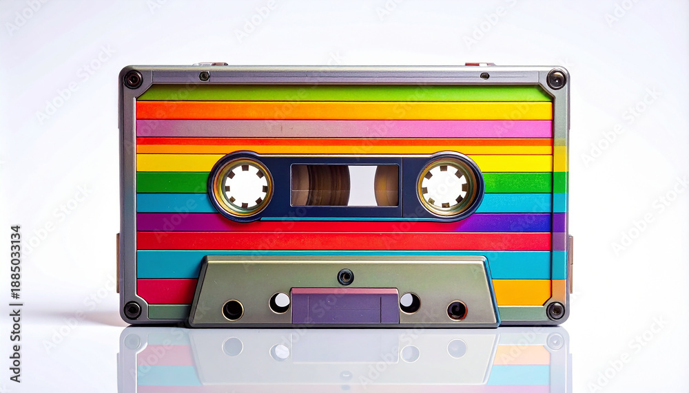 Naklejka premium Stylized cassette tape with neon rainbow stripes and bold geometric shapes