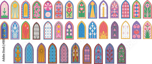 Colorful Stained Glass Window Vector Set with Floral Geometric and Abstract Designs in Gothic Arch Style Frames Isolated on White Background