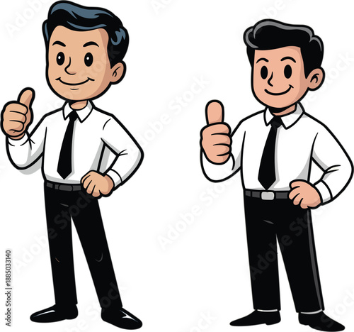 Cute cartoon businessman characters in white shirts and black ties showing thumbs up gesture for professional success and positive office motivation flat vector illustration