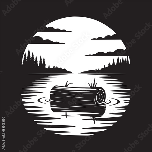 A black and white illustration of a log floating in water with trees and clouds in the background