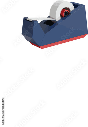 Professional blue desktop adhesive tape dispenser vector illustration with clear tape roll for office supplies, school stationery, and packaging equipment needs.