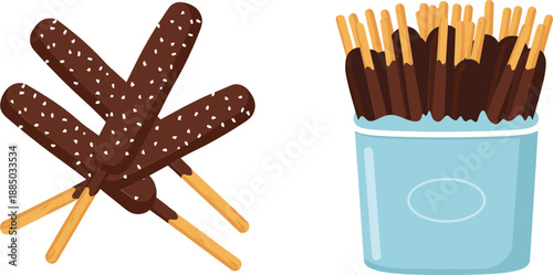 Delicious chocolate dipped biscuit sticks vector illustration with almond sprinkles and a full container of crispy sweet snacks for dessert.
