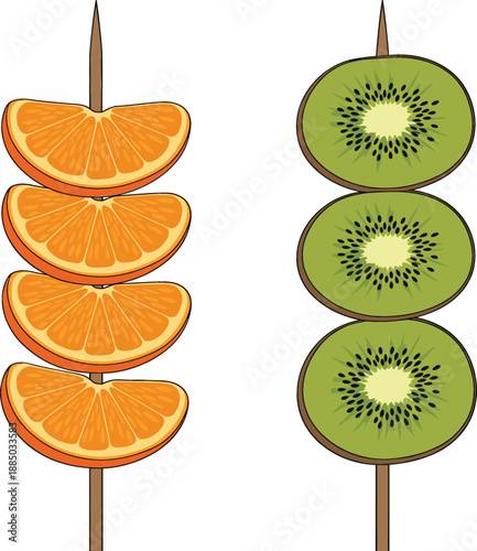 Healthy and colorful fresh fruit skewers vector illustration featuring sliced orange segments and kiwi rounds on wooden sticks for snack.