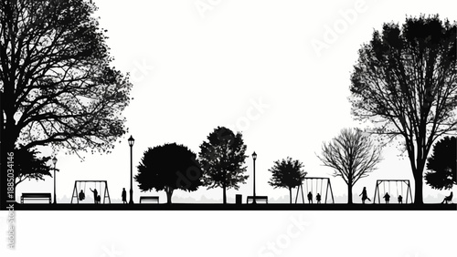 Silhouette of a park with swings and trees against a white background.