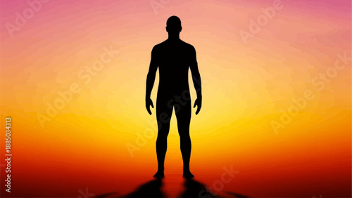 Silhouette of a man standing against a vibrant sunset sky.
