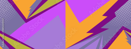 Abstract composition featuring sharp angular forms in violet and mustard tones with retro halftone dots and layered geometric patterns