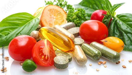 A vibrant arrangement of vegetables, fruits, and capsules on a white surface
