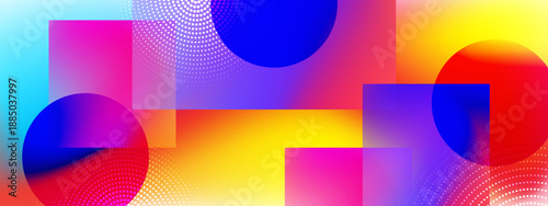 High contrast abstract background with translucent colorful squares and radial halftone patterns on a warm gradient