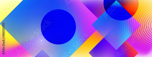 Aesthetic composition of solid blue circles and overlapping transparent squares with radial dot accents