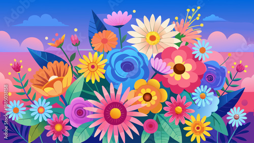 Vibrant floral bouquet under a dreamy sky Vector