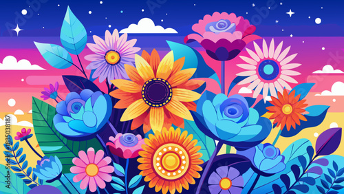 Vibrant sunset bouquet of colorful flowers Vector