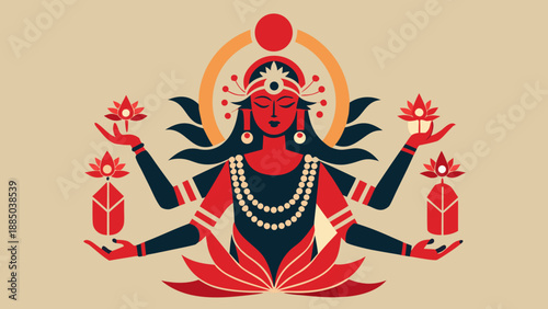 Illustration of a divine figure with multiple arms holding symbolic items Vector