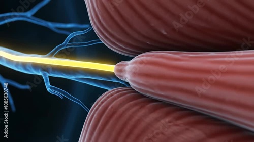 Wallpaper Mural A 3D animation of a nerve impulse traveling along a neuron to a muscle fiber. Visualizes crucial nervous system communication. Torontodigital.ca