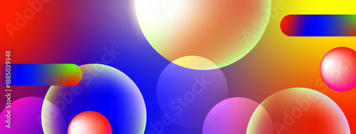 Vibrant transparent circles and rounded bars blending together with light flares on a rich blue to orange gradient backdrop