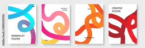 Artistic set of posters with overlapping colored tubes and flowing paths for modern aesthetic projects