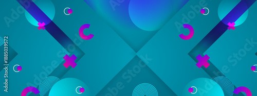 Clean cyan and teal background featuring layered geometric planes and colorful floating decorative shapes