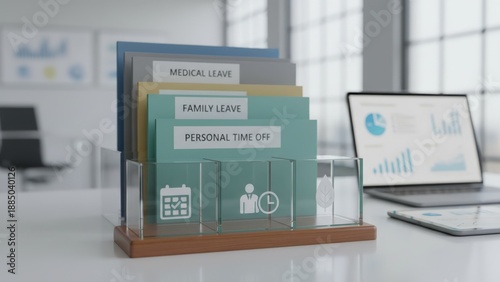 Office Organization: Medical Leave, Family Leave, and Personal Time Off Folders on Desk with Laptop