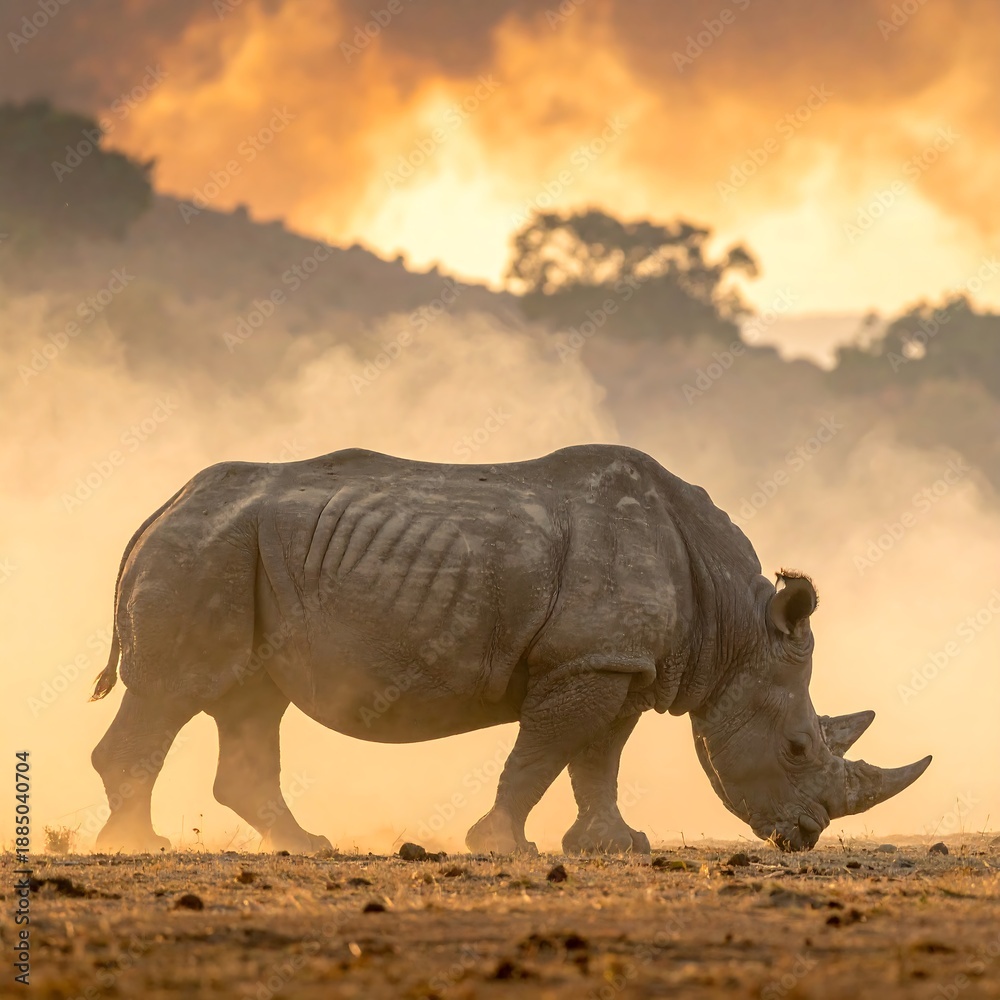 Fototapeta premium A large gray rhinoceros walks through a dusty savannah at sunset