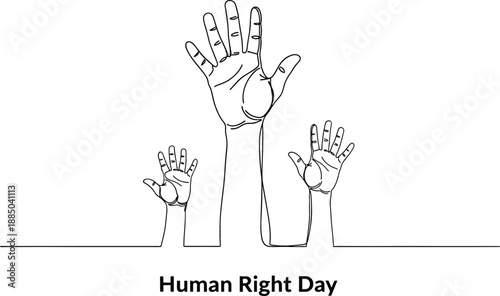 International Human Rights Day continuous line art vector illustration with raised hands for global equality freedom and social justice celebration design.