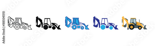 Vector illustration icon collection of various excavator and loader machine icons in different colors