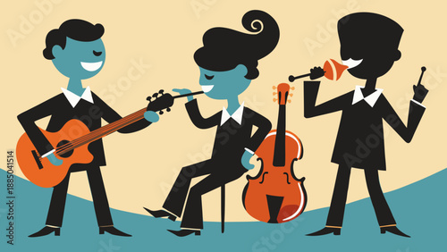 Joyful musicians playing together in harmony Vector