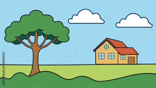 Serene countryside scene with tree and house Vector