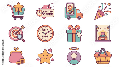 Dynamic promotion scene showcasing colorful flat icons of shopping, delivery, celebration and targets, arranged in a grid view on a bright white canvas for marketing materials