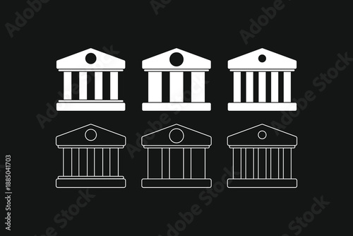 Bank icon set in white line and solid style on black background. Classic building architecture for finance, museum, courthouse, or government institution vector symbols