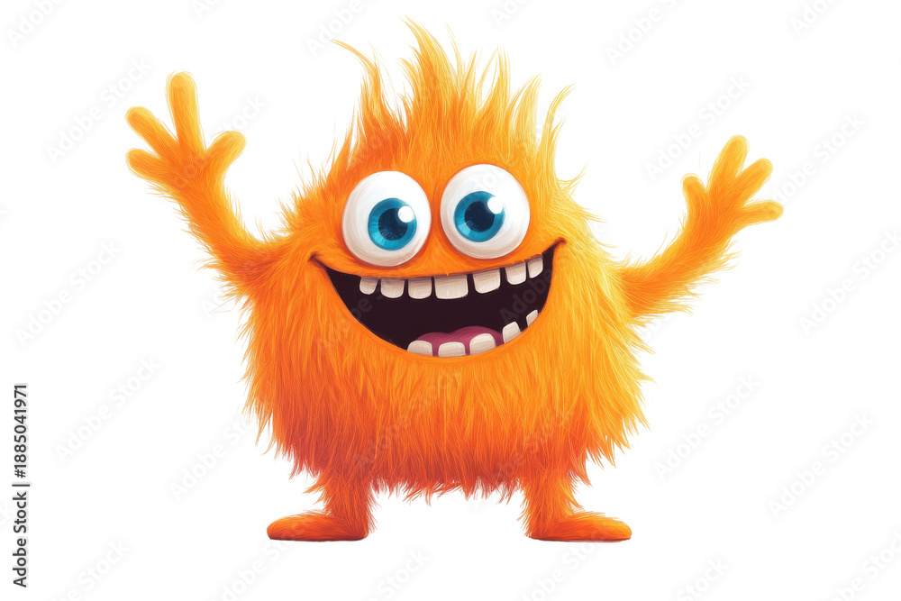 Obraz premium Cute orange furry monster with big eyes and wide smile isolated on transparent background. Cute and cheerful orange furry monster cartoon character isolated on white background.