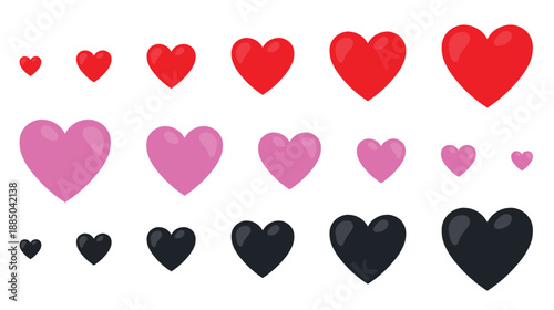 Heart icon set in red pink and black colors isolated on white background