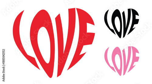 Love typography text shaped as heart in red black and pink colors