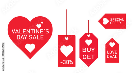 Valentine’s Day sale tags and labels set with heart shapes and discount offers