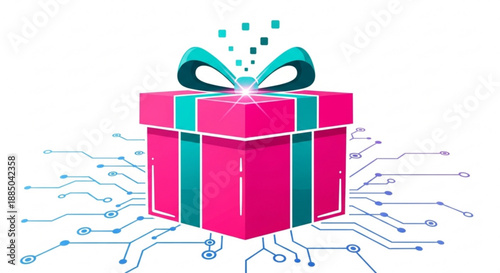 Pink gift box with teal bow and circuit lines background