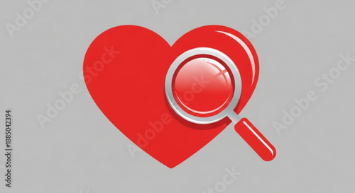 Red heart with magnifying glass on gray background for love search