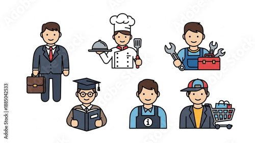 Collection of diverse professional occupation icons in cartoon style.