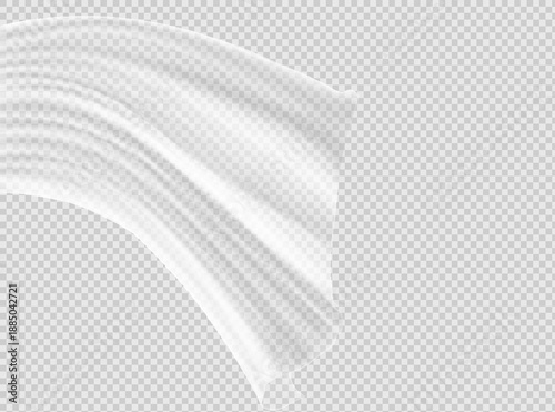 White lightweight fabric curtain fluttering realistic vector illustration mock up. Shower or window fabric on a curtain rod template.