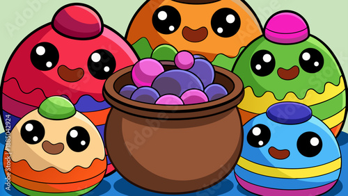 Whimsical cartoon fruits and berries gathering around a pot Vector