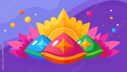 Vibrant sunrise with radiant gems and blossoms Vector
